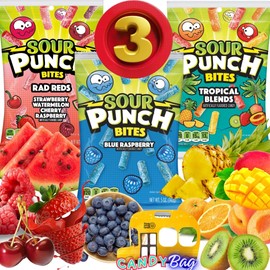 (PACK OF 3) Sour Punch Bites Straws 5oz Each Bag - Unique Variety Pack Rad Reds, Blue Raspberry, Tropical Blends - Blue Raspberry, Raspberry, Watermelon, Cherry, Strawberry, Strawberry Kiwi, Pineapple Orange, Peach Mango - Assorted Flavors - Chewy, Gummy