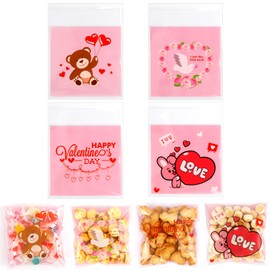 Valentines Cellophane Treat Bags, Self Adhesive Valentiens Gift Bags Cookie Bags, 200 PCS Clear Plastic Valetines Goodie Bags Candy Bags Ziplock Bags for Valentine's Day Holidays Party Favor Supplies