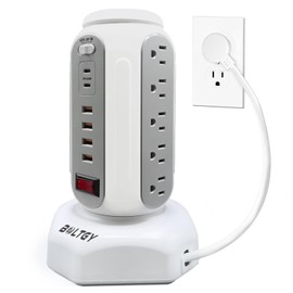 Power Strip Tower with Retractable Charging Cables, BOLTGY Surge Protector Tower with PD30W USB C and 15 AC Outlets, Flat Plug 6.5ft Large Fast Charging Station for Home Office - White