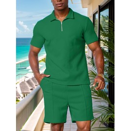 UOUA Mens Short Sets 2 Piece Summer Casual Outfits Polo Short Sleeve Shirts & Shorts Track Suit Jogging Loungewear Green M