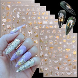 9 Sheets Flowers Nail Art Stickers, 3D Flowers Nail Self-Adhesive Sticker, Holographic Laser White Gold Nail Art Decals Design Floral Rose Leaf Nail Decal Supplies for Women Girls Manicure Decoration