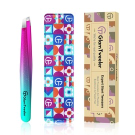 Expert Slant Tip Tweezers with Leather Case, GlamTweeler Sharp & Precision Stainless Steel Tweezer for Eyebrows, Facial Hair and Fine Hairs Removal (Sparkle Purple & Turquoise)
