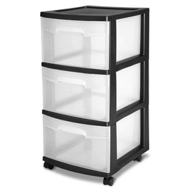 Sterilite 28309001K 3 Drawer Rolling Caster Wheel Home Organizer Storage Cart with Durable Plastic Frame, Clear Drawers, Black (4 Pack)