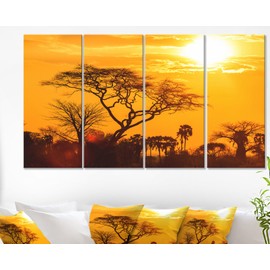 Designart Orange Glow of African Sunset-Extra Large Wall Art Landscape-48x28 4 Piece-PT10884-271, 28'' H x 48'' W x 1'' D 4P