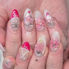 Cute Press on Nails Medium Almond Fake Nails with Rhinestones Designs Red French Tip False Nails Heart Bow Artificial Stick on Nails Pink White Blusher Full Cover Acrylic Nails for Women Girls 24Pcs