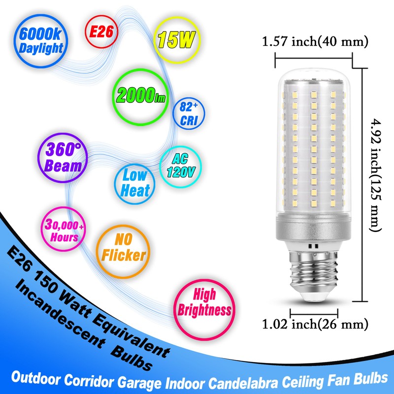 1.57 x 4.92 inch Big E26 LED Bulbs 15W LED