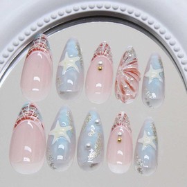 Foccna Blue Press on Nails Almond Fake Nails Medium French Women's Bling False Nails Shell Design Wear Artificail Nails for Women and Girls 24Pcs