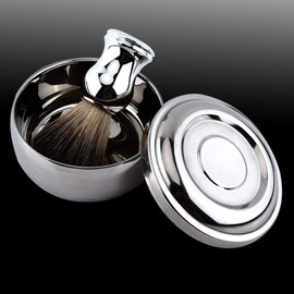 Professional Men Shaving Tool Kit Alloy Shaving Soap Mug Bowl with Lid + Silver Handle Faux Hair Brush Men Shave Tool Kit