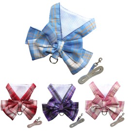 Petbuy Plaid Dog Dress Bow Tie Harness Leash Set,Dog Clothes Harness Dress with Leash Ring for Small Dogs Girl, Puppy Princess Rabbit Clothes Chihuahua Yorkies Pet Outfits (Blue, Small)