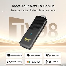 TV98 Android TV 14.0 Streaming Stick, 8K Ultra HD, 5G WiFi, 16GB Storage, 2GB RAM, Bluetooth Remote Control, Black