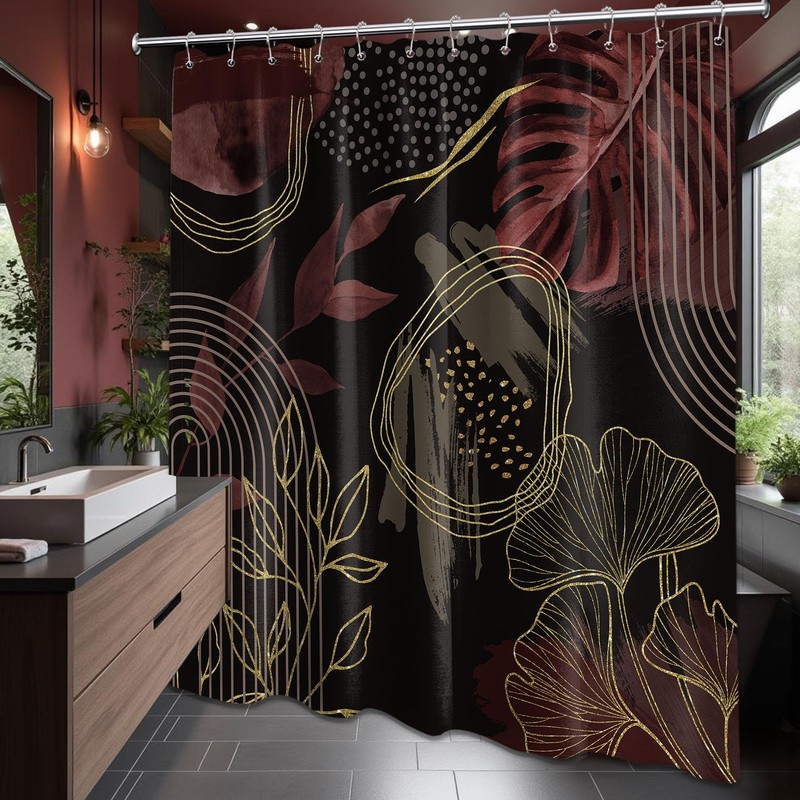 soeeao Black and Dark Red Shower Curtain Boho Mid Century
