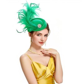 RiJinDuoJin Fascinators Hat Feathers Headband and Clip 20s 50s Pillbox Hats Cocktail Tea Party Headwear - Handmade Derby Hair Clip Feathers Fascinators for Girls and Women - Green