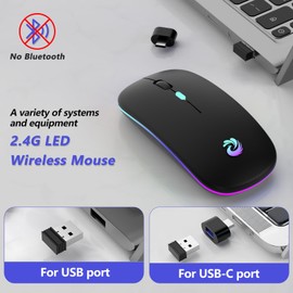 aMZCaSE LED Wireless Mouse, Rechargeable Slim Silent Mice 2.4G Portable Office Optical Mouse with USB Receiver and Type-C Adapter, 3 Adjustable DPI for Laptop, Computer, PC, Notebook, Desktop (Black)