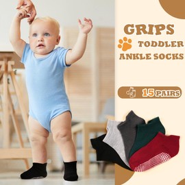 HYCLES 15 Pairs Toddler Socks, Kids Grip Socks for 3-5T Non Slip Ankle Sock for Baby Boys Girls