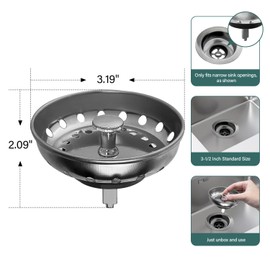 Kitchen Sink Strainer and Stopper Stainless Steel Basket for 3-1/2 Inch Standard Drain, Universal Fit, Easy Install, Rust-Proof Drain Strainer