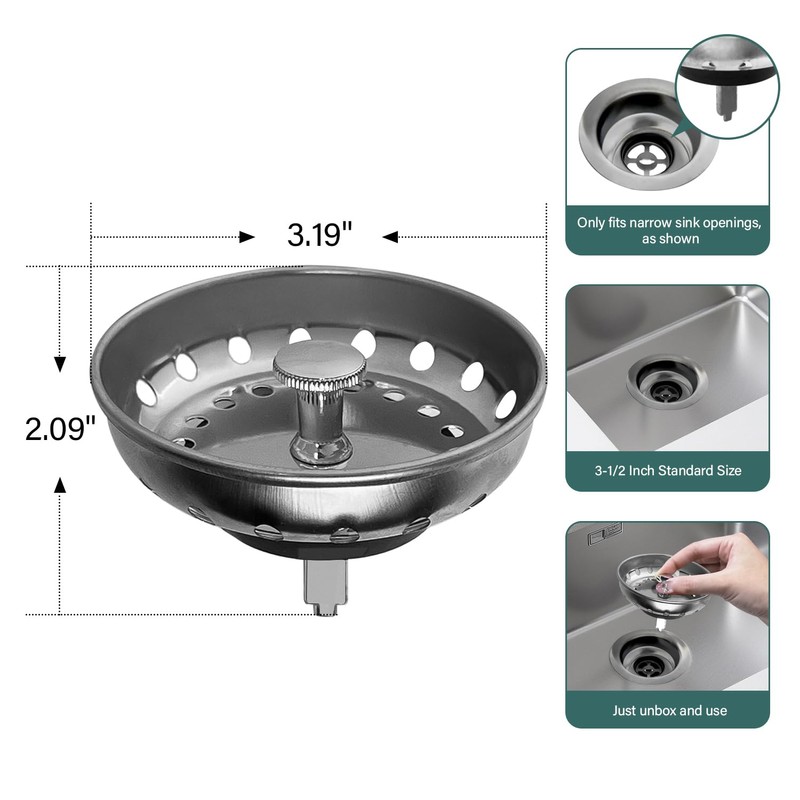 Kitchen Sink Strainer and Stopper Stainless Steel Basket for 3-1/2