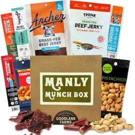 Manly Munch Box Jerky Gift Box, Curated Assortment of High Protein Snacks, Beef & Turkey Jerky Variety Pack Gift Set, Exotic Meat Gift for Men & Women
