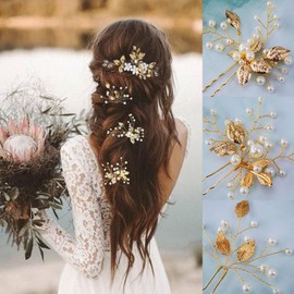 4 PCS Bridal Hair Pins Gold Leaf Crystal Floral Pearl Headpiece Vintage Flower Wedding Hair Accessories for Brides Bridesmaids Women Girls