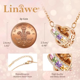 Linawe Rhinestone Pendant Necklace for Women, Hypoallergenic Stainless Steel Chain Double Circle Necklace, Interlocking Rose Gold Necklaces Moissanite Imitation Diamond Crystal Jewellery