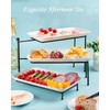 3 Tiered Serving Stand with White Porcelain Platters,Foldable Rectangular 3