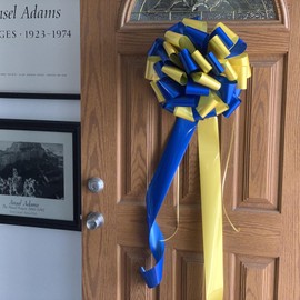 Fully Assembled Large Car Bow, 16" Wide - Royal Blue & Yellow, Front Door Decoration, Spring, Gift Bow, Birthday, Anniversary, Classroom, Office, School Dance Tailgate, Fundraiser, Christmas, Easter