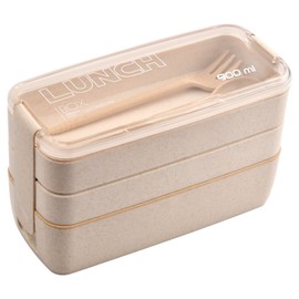 Daelesr 1 Pack Reusable Lunch Bento Boxes, Meal Prep Lunch Box with Cutlery, Bento Lunch Box, 3 Compartments Stackable Food Storage Container Portable, Leakproo for Adults Kids 900 ml (Beige)