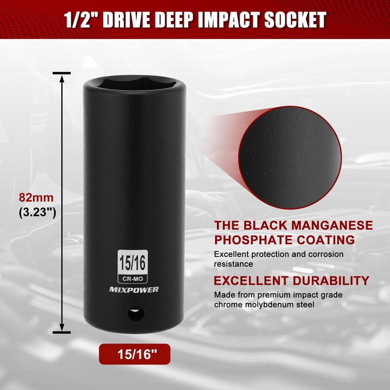 MIXPOWER 1/2" Drive Deep Impact Socket, CR-MO, 15/16", 6 Point,