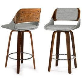 SIMPLIHOME Carly Swivel Bar Stools (Set of 2) - 16 inch Seat Height Upholstered Wood Chairs in Grey Linen Look Fabric, Contemporary Seating for Kitchen or Bar with Walnut Finish
