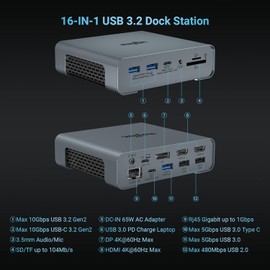 USB C Docking Station Triple Monitor for Full-featured USB C Port Laptop 16-in-1 Laptop Docking Station with 5 USB A, 3 USB C, Dual 4K HDMI, 4K DP, 1000Mbps LAN, SD/TF, 3.5mm Audio/Mic, 65W AC Adapter