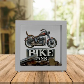 Retro Chopper Motorcycle Frame Money Box Made of Wood with Saying Bike Bank with Chrome Elements Stylish Painted with Lettering - Perfect Motorcycle Frame Money Box Made of Wood for Fans