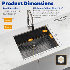 SYNTHACY 23in Undermount Kitchen Sink, Stainless Steel Nano Gunmetal Black Small Single Bowl Drop in Sink with Grid, Drain Assembly for Workstation, Prep Kitchen, Bar, 23 x 18 x 10in