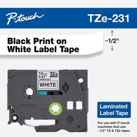 Brother TZE231 Laminated Labeling Tape, for TZ Models, 1/2-Inch, Black/White