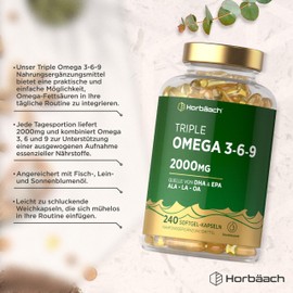 Horbaach Omega 3 6 9 Capsules High Dose 2000 mg | 240 Capsules | Source for DHA and EPA | Made of Fish Oil and Linseed Oil