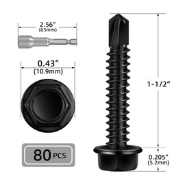80 PCS #12 x 1-1/2" Sheet Metal Screws, Black Hex Washer Head Self Drilling Screw, Flanged Hex Self Tapping Screws, 410 Stainless Steel, Hex Bit Socket Included