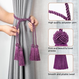 Pretty Jolly 2 Pack Double-ended Tassel Curtain Tiebacks Handmade Braided Rope Knot Drape Tie Backs European Style Decorative Curtain Holdbacks for Home & Office Window Drapery (Purple)