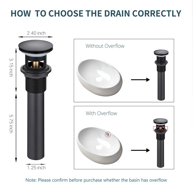 HEATGENE Bathroom Sink Drain Matte Black, Pop Up Drain Stopper