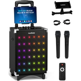 MASINGO Karaoke Machine for Adults and Kids, 40W Speaker with 8" Woofer, 2 Wireless Microphones, Bluetooth, USB, MicroSD, FM Radio, TV Connection, Tablet Holder, and Real-Time Karaoke Mode, Soprano X2