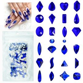 Blue Nail Rhinestones 120 Multi Shapes Flatback Royal Blue Crystals Gems +SS10 SS16 Sapphire Round Beads K9 Glass Stones Diamonds Jewels Nail Art Supplies Nail Charms for Nails Eyes Face Makeup Crafts