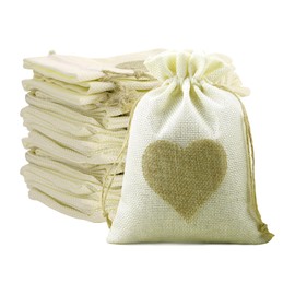 dogmoon Sacchetti di iuta, 13 x 18 cm, con coulisse, a forma di cuore, in lino, per gioielli, fai da te, per matrimoni, feste, Natale, 20 pezzi