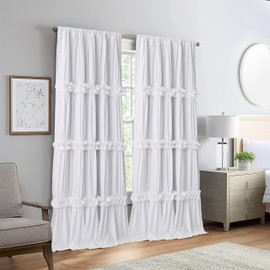 Homechoice Decor Thermal Insulated Blackout Window Curtains, 52" W x 96" L x 2 Panels, Boho Ruched Window Treatments with 3 Rows of Butterfly Flowers, Rustic Rod Pocket Drapes for Room, White (LQ-30)