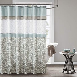 510 DESIGN Shower Curtain, Geometric Textured Embroidery Design with Built-in Liner, Modern Mid-Century Bathroom Decor, Machine Washable, Fabric Privacy Screen 72x72, Shawnee, Seafoam
