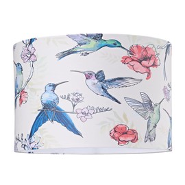 Beautifully Designed Bird Themed 30cm Drum Shade with Colourful Floral Accents| 60w Maximum | Inner White Cotton Fabric by Happy Homewares