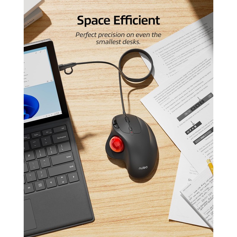 Nulea M509 Trackball Mouse Wired, Ergonomic Design, Easy Thumb Control,