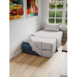 Air Mattress Sheet Set for Twin Size - 3 Piece Breathable & Cooling Sheets w/ Extra Deep Pockets - Fits Inflatable & Blow Up Air Mattresses Up to 24 Inches Thick - Soft and Wrinkle Free - Light Grey