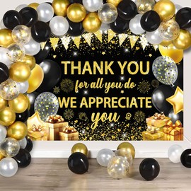 Thank You Backdrop Black Gold Glitter Thank You for All You Do Backdrop We Appreciate You Banner for Employee Teacher Doctor Nurse Appreciation Party Decoration Photo Props (Black, 8X6FT)
