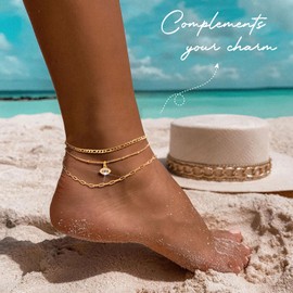 MPRAINBOW Waterproof Gold Anklets for Women - 14k Gold Plated Ankle Bracelets,Summer Beach Surfer Foot Chain Layered Stack Bracelet Anklet Set,Multilayered Trendy Jewelry for Her Girlfriend