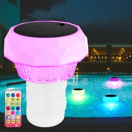 Pool Chlorine Floater with Colorful Lights - Floating Chlorine Dispenser with Adjustable 3-Inch Tablet Flow, Solar Chlorine Floater with Large Capacity, Pool Lights for Night Ambiance