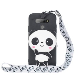Jorisa Wallet Case for LG K51,Cute 3D Cartoon Animal Zipper Pocket Purse Soft Silicone Rubber Cover with Neck Strap Lanyard Case for Kids Teens Girls Women,Black Panda