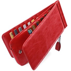 Huztencor Bifold Wallet, 26 Card Storage Capacity, Unisex, Magnetic Card Protector, Large Capacity, Coin Pocket, RFID Identification - red -