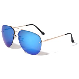 Color Mirror Curved Rimless Lens Dot Stud Aviator Sunglasses (Blue Gold)